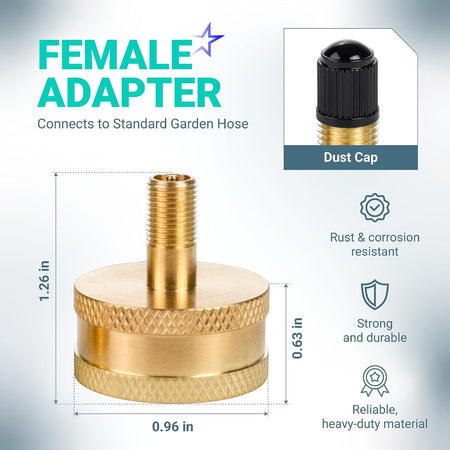 RV Winterizing Blow Out Adapter, female adapter with dust cap, dimensions diagram and garden hose connection text