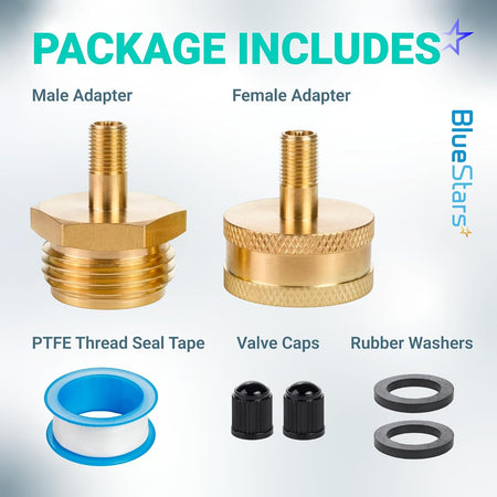RV Winterizing Blow Out Adapter package with male and female adapters, PTFE tape, valve caps, and rubber washers
