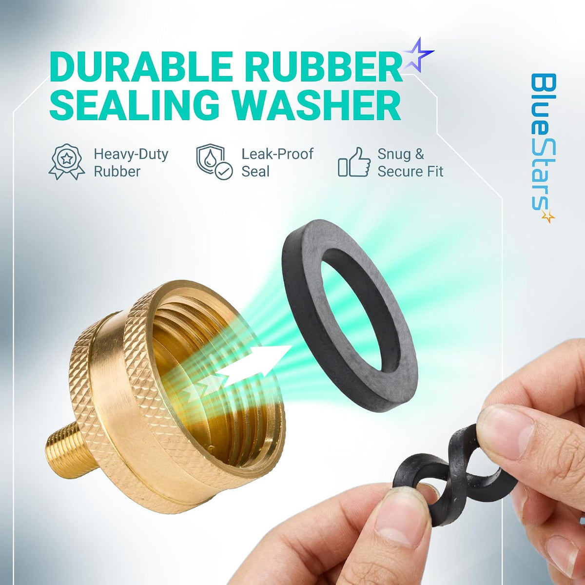 RV Winterizing Blow Out Adapter, 3/4 GHT Brass Schrader Valve, exploded view with durable rubber sealing washer