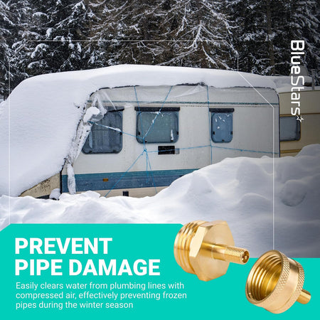 RV Winterizing Blow Out Adapter, 3/4 GHT Brass Schrader Valve shown with a snow-covered camper and pipe protection text
