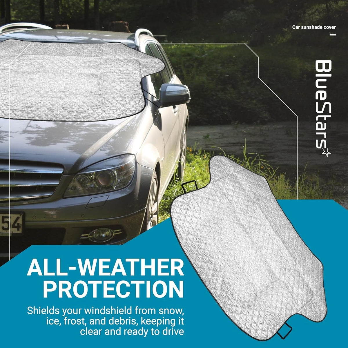 Silver quilted 57" x 47" windshield cover for ice and snow protection installed on a car.