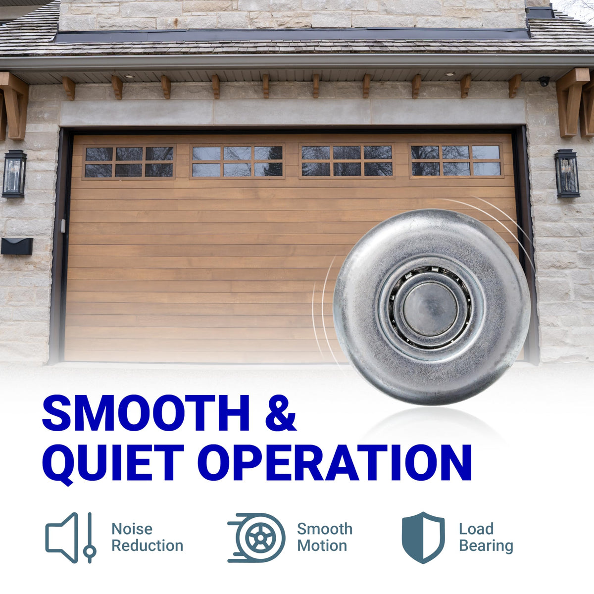 Close-up of a 1.8-inch steel garage door roller wheel with text highlighting smooth and quiet operation.