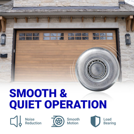 Close-up of a 1.8-inch steel garage door roller wheel with text highlighting smooth and quiet operation.