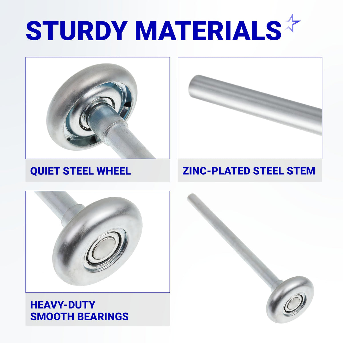 Close-up detail views of 1.8-inch steel garage door roller components including the wheel, stem, and smooth bearings.