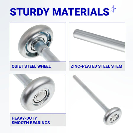 Close-up detail views of 1.8-inch steel garage door roller components including the wheel, stem, and smooth bearings.