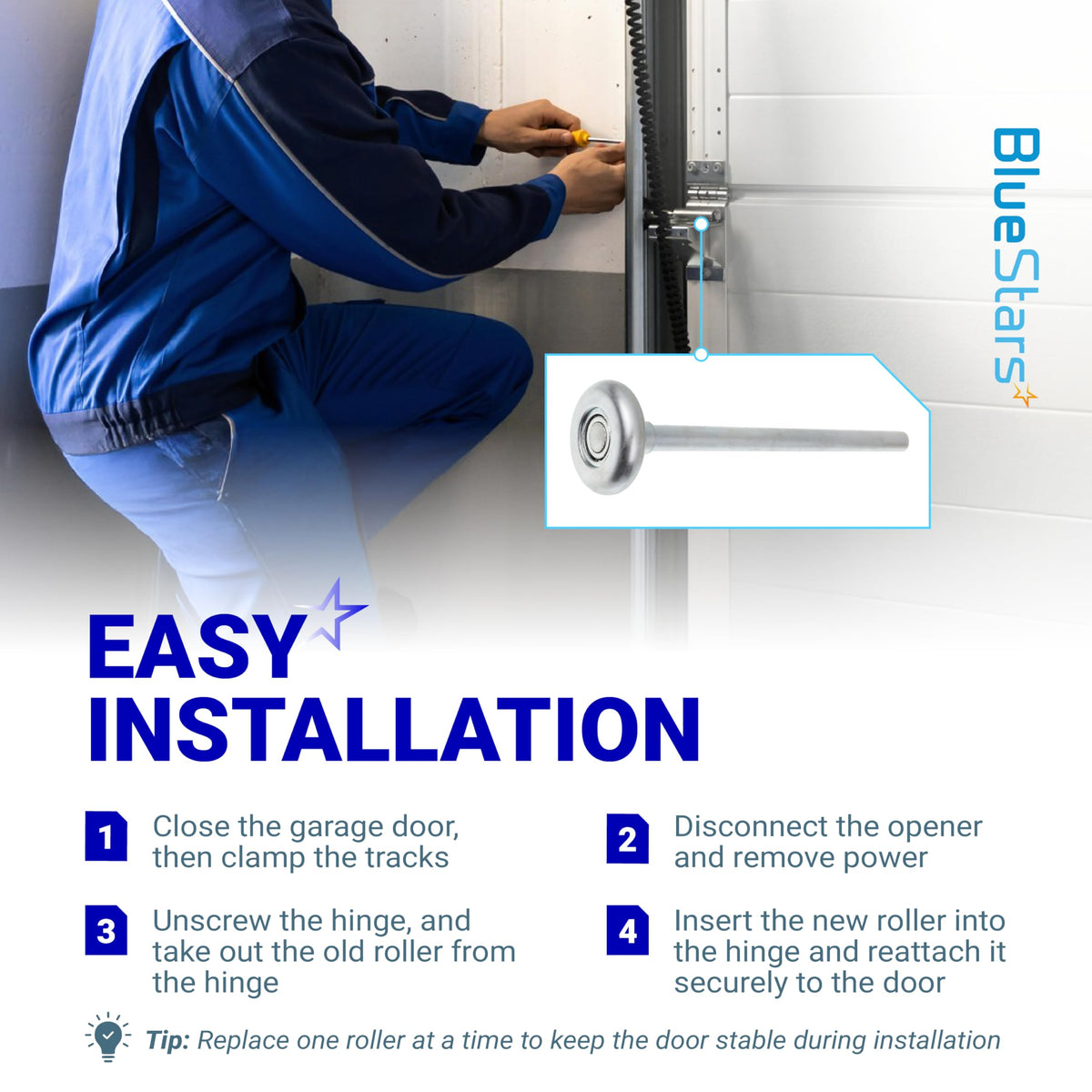 Installation guide for 1.8-inch steel garage door roller with 7-inch stem showing step-by-step replacement instructions.