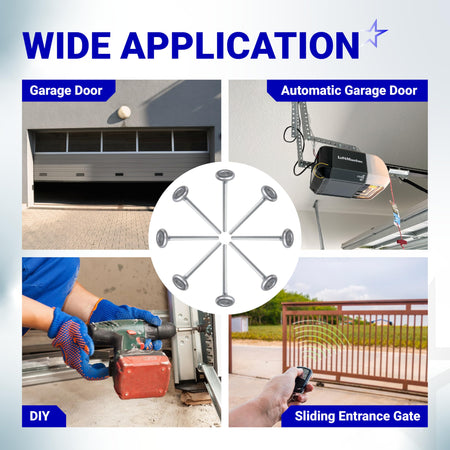 Infographic showing wide application of 1.8-inch steel garage door rollers with 7-inch stems for various door systems.