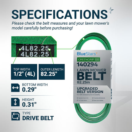 Specification chart for 140294 ground drive belt showing dimensions and compatibility for ride mowers.