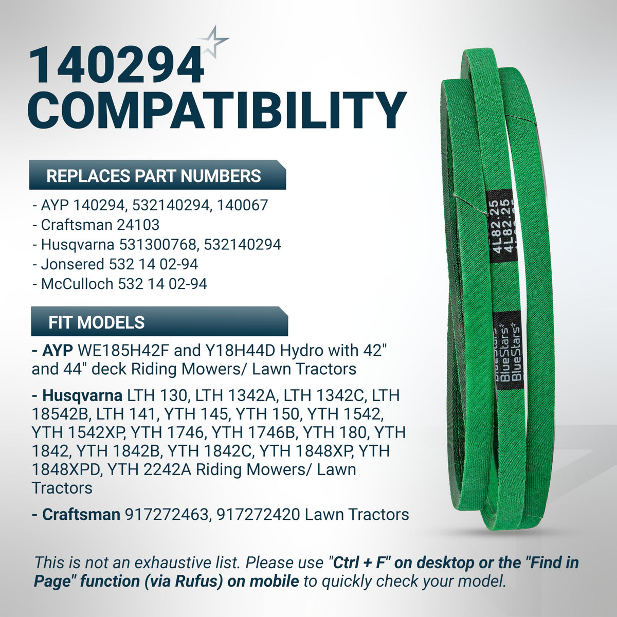 Green 140294 ground drive belt for AYP, Husqvarna, and Craftsman ride mowers with compatibility chart.