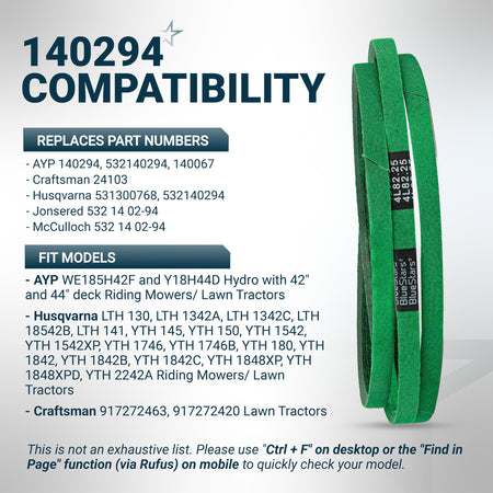 Green 140294 ground drive belt for AYP, Husqvarna, and Craftsman ride mowers with compatibility chart.