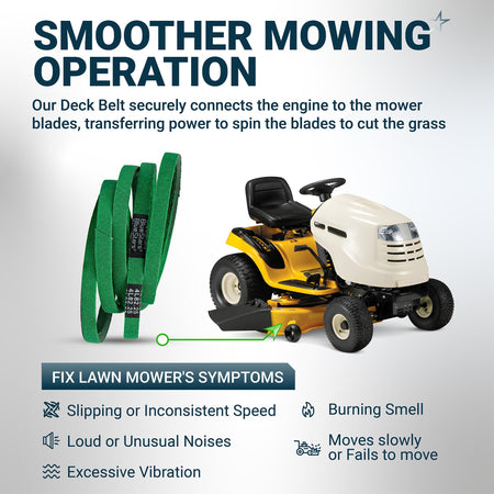 Infographic showing 140294 replacement mower deck belt and its function on a ride-on lawn mower.