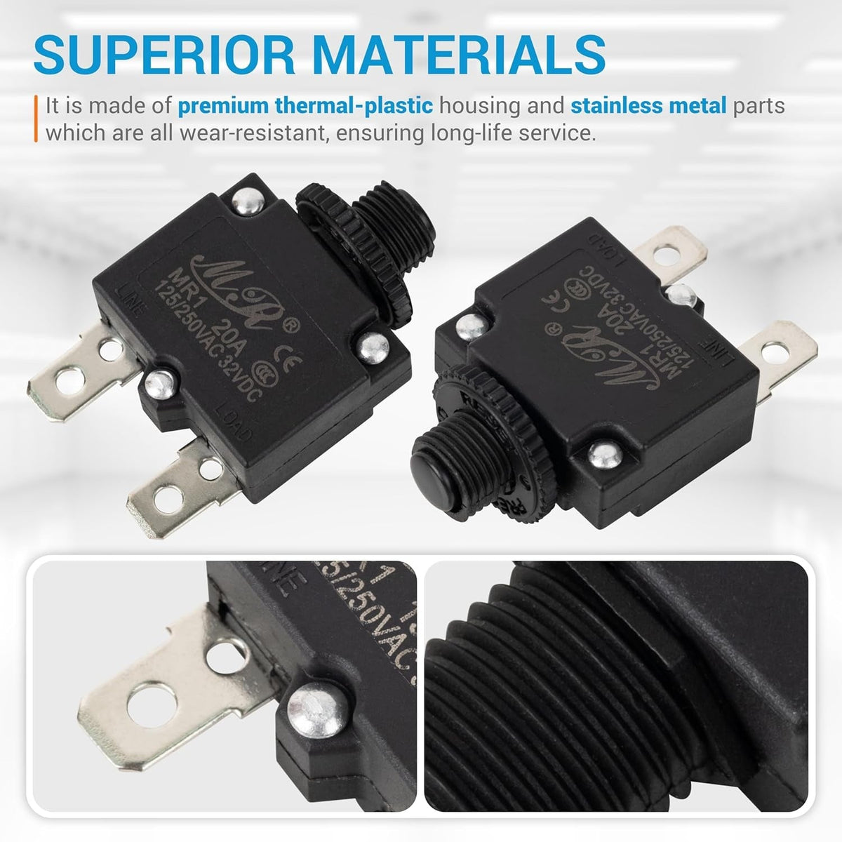 Two 20Amp thermal circuit breakers with plastic housing and close-up views of terminals and reset button.