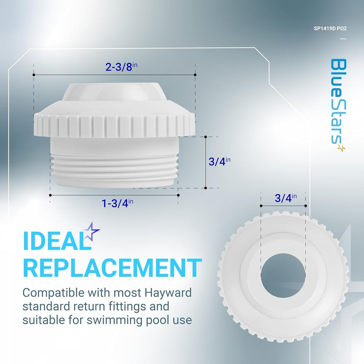 SP1419D directional flow hydrostream return jet fitting showing dimensions and top view for swimming pool compatibility.