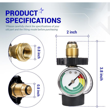 Dimensional diagram of POL propane tank adapter and gauge showing 2-inch width and 3.8-inch height specifications.