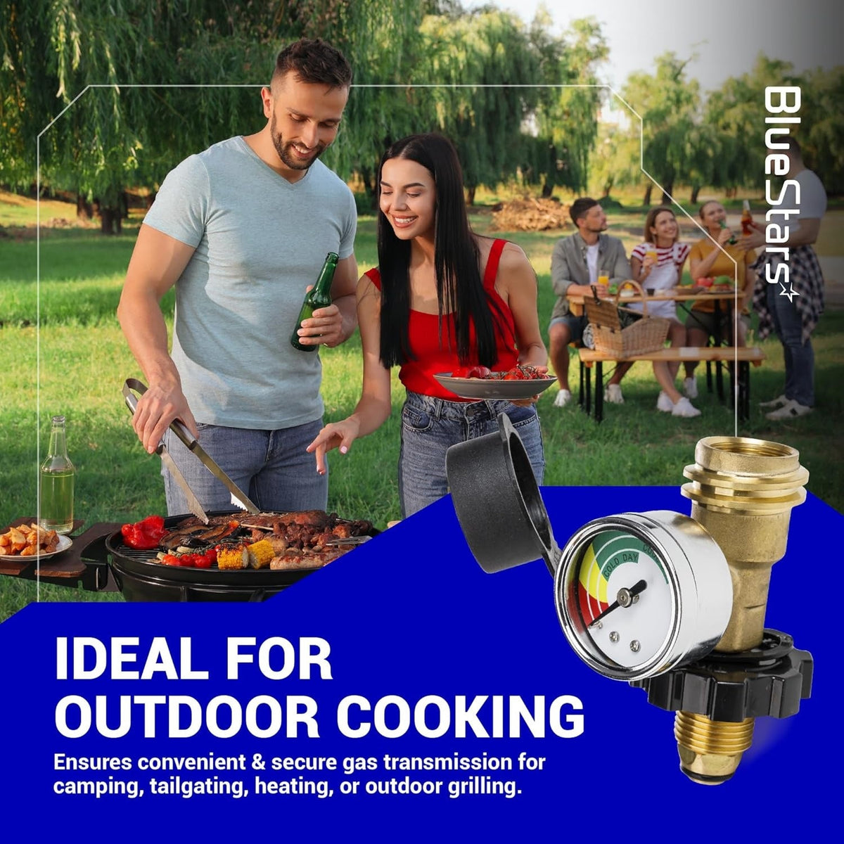 POL propane tank adapter with gauge for 100 lb tanks, shown in an outdoor grilling lifestyle setting.
