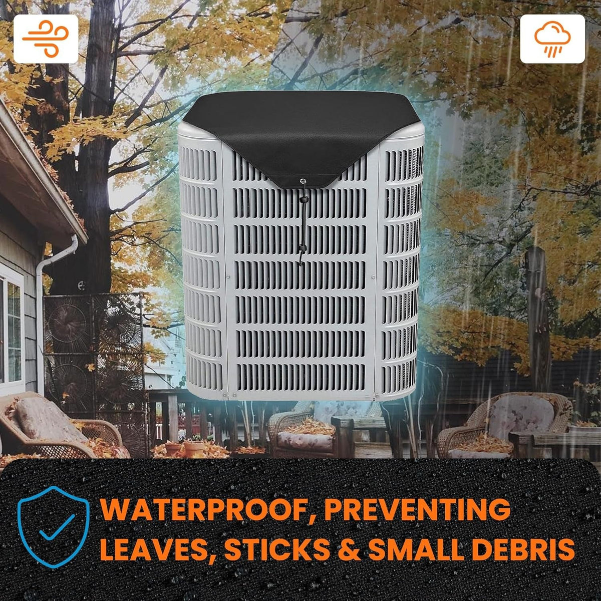 36x36 inch waterproof 600D Oxford central air conditioner cover installed on an outdoor AC unit.