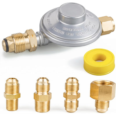 F276136 Propane Low Pressure Regulator, silver regulator shown with yellow seal and four brass fittings