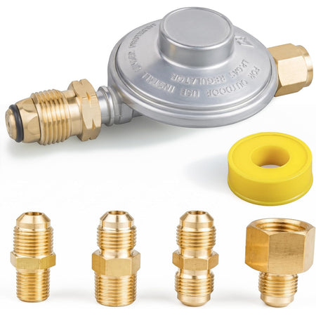 F276136 Propane Low Pressure Regulator, silver regulator shown with yellow seal and four brass fittings