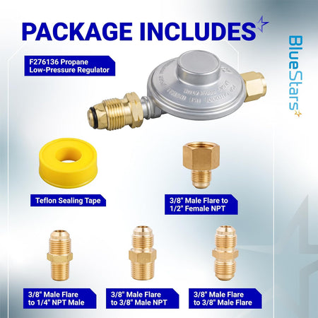 F276136 Propane Low Pressure Regulator package with regulator, Teflon sealing tape, and brass fittings