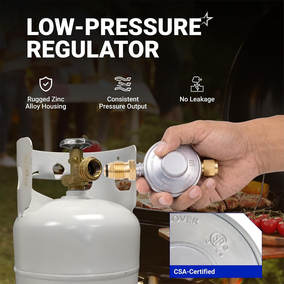 F276136 Propane Low Pressure Regulator held beside a propane tank with a CSA-certified close-up