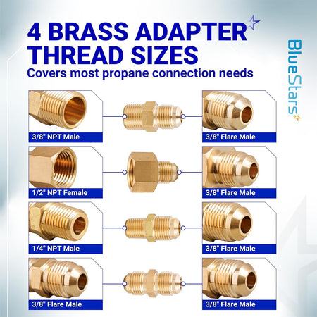 F276136 Propane Low Pressure Regulator, diagram showing four brass adapters and labeled thread sizes