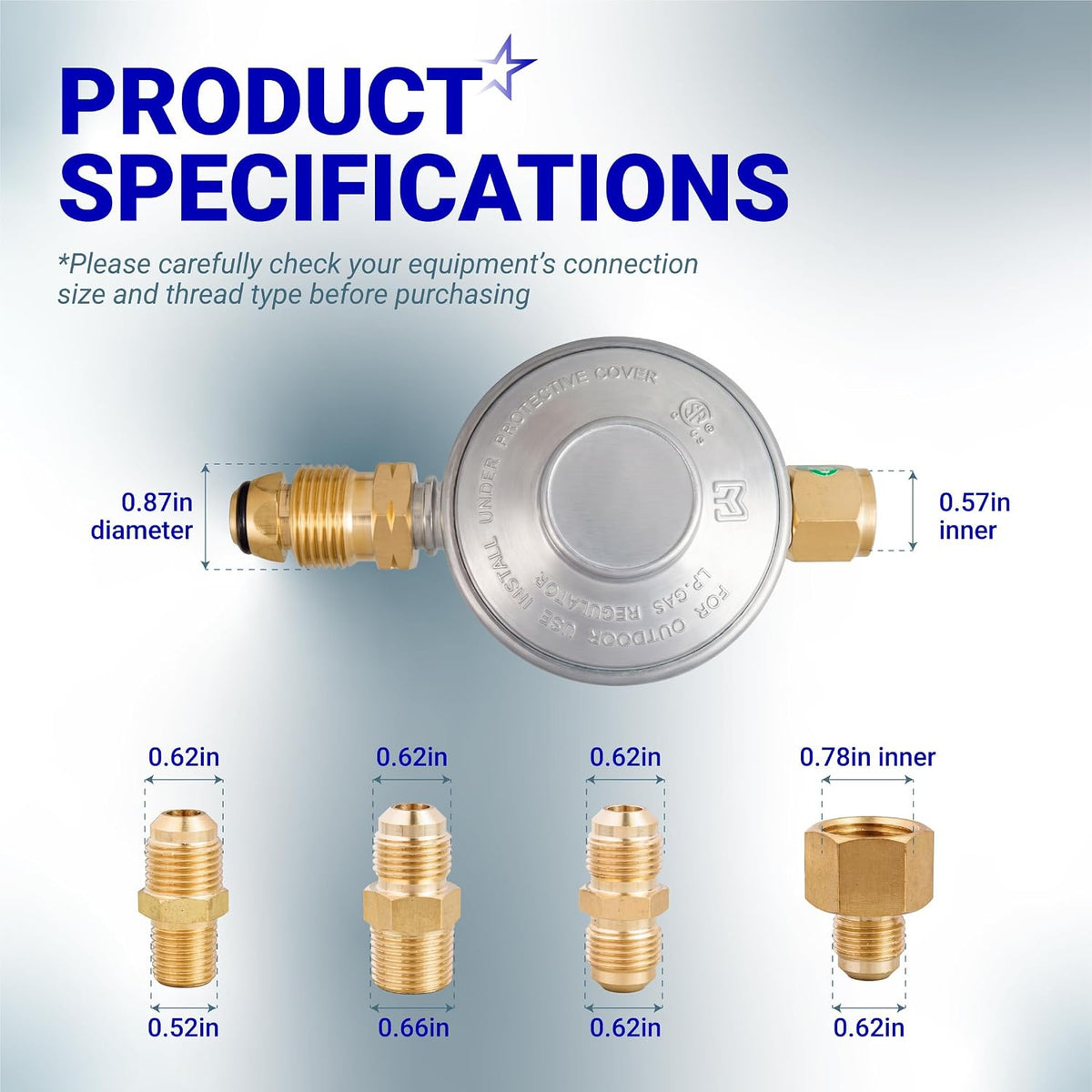 F276136 11" W.C. Propane Regulator product specifications showing dimensions and included fittings
