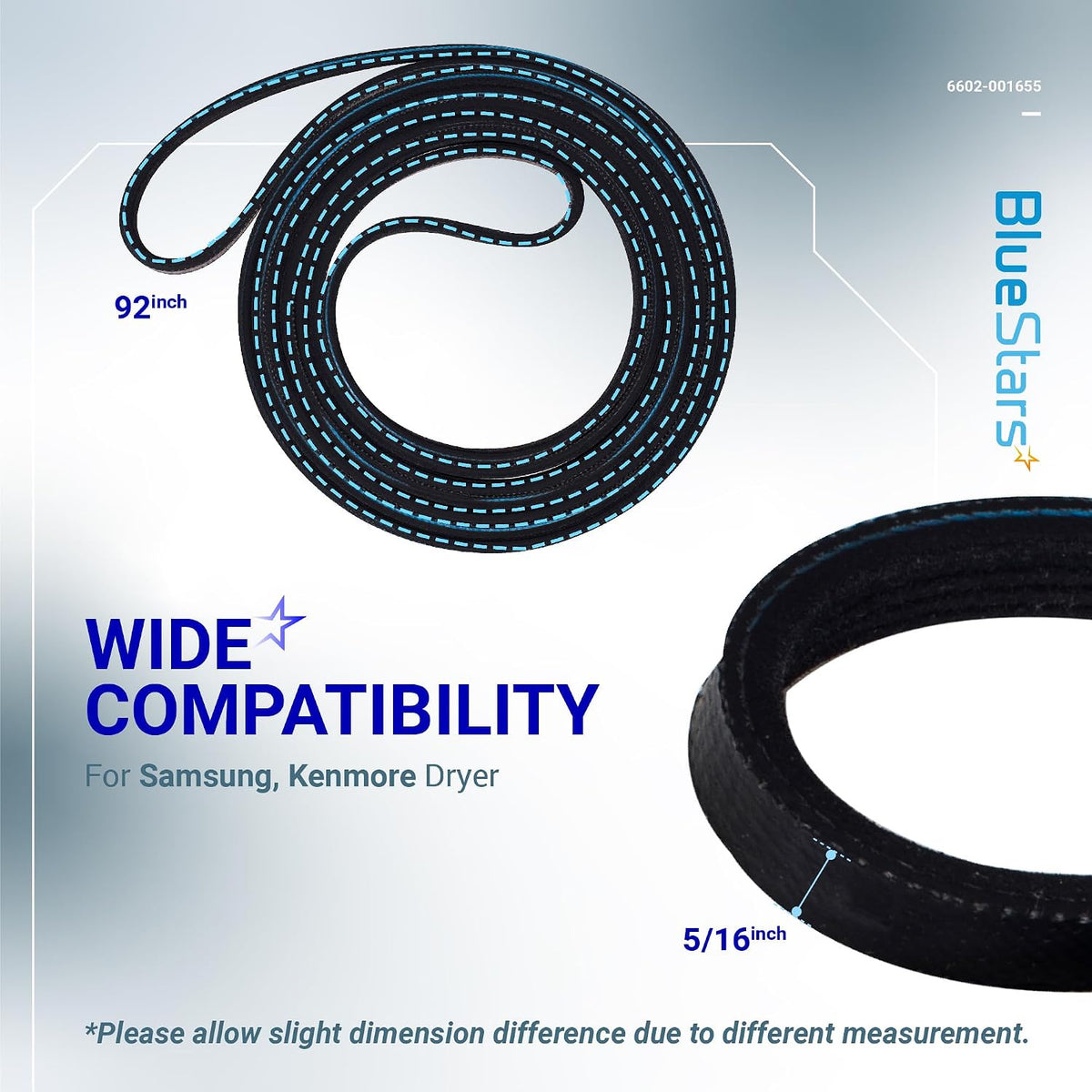 6602-001655 Dryer Drum Belt, dimension diagram showing 92-inch length and 5/16-inch width