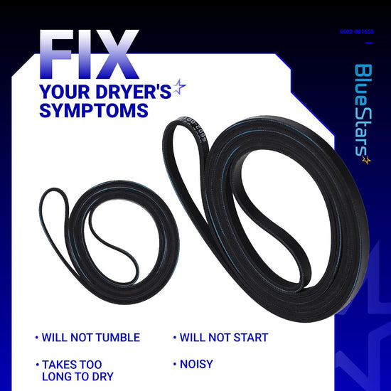6602-001655 Dryer Drum Belt graphic showing two belts and listed dryer symptoms