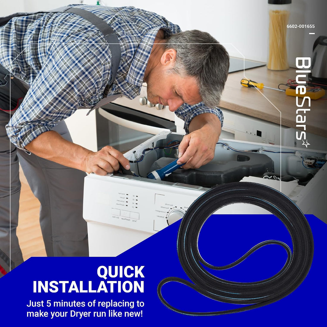 6602-001655 Dryer Drum Belt shown beside a technician repairing an open dryer with quick installation text