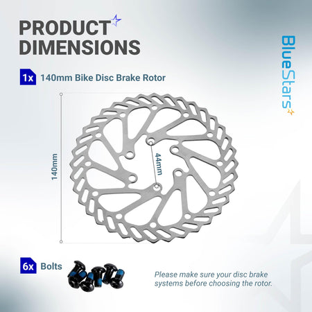 Dimension diagram of 140mm stainless steel bike disc brake rotor with 6 mounting bolts.