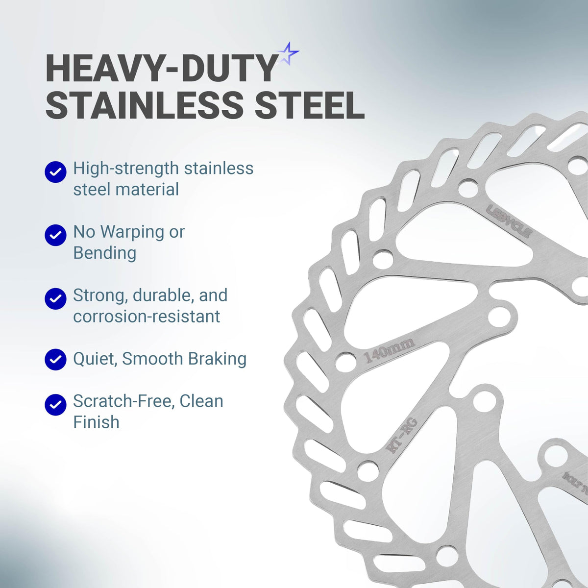 Close-up of 140mm stainless steel bike disc brake rotor with feature list infographic.
