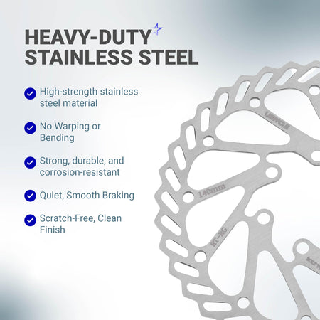Close-up of 140mm stainless steel bike disc brake rotor with feature list infographic.