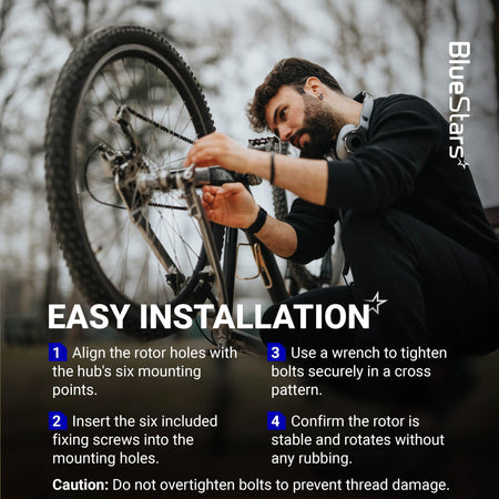 Cyclist installing a 140mm stainless steel disc brake rotor on a bike wheel using 6 bolts with step-by-step instructions.