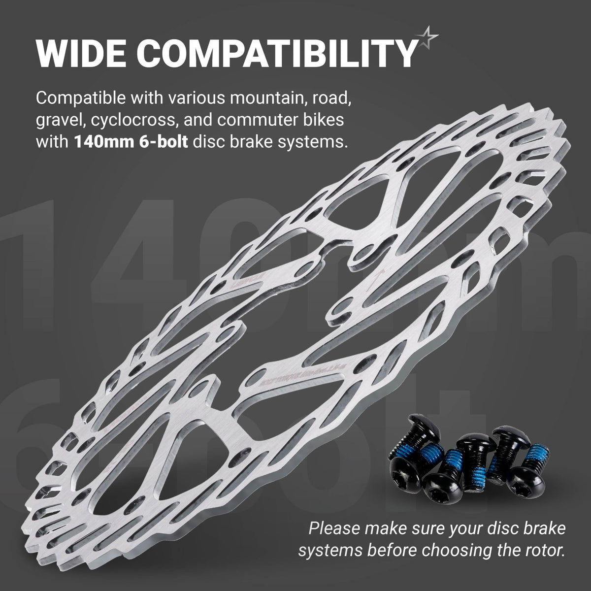 140mm stainless steel bike disc brake rotor with six mounting bolts for mountain and road bikes.