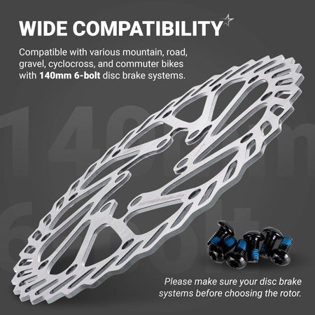 140mm stainless steel bike disc brake rotor with six mounting bolts for mountain and road bikes.