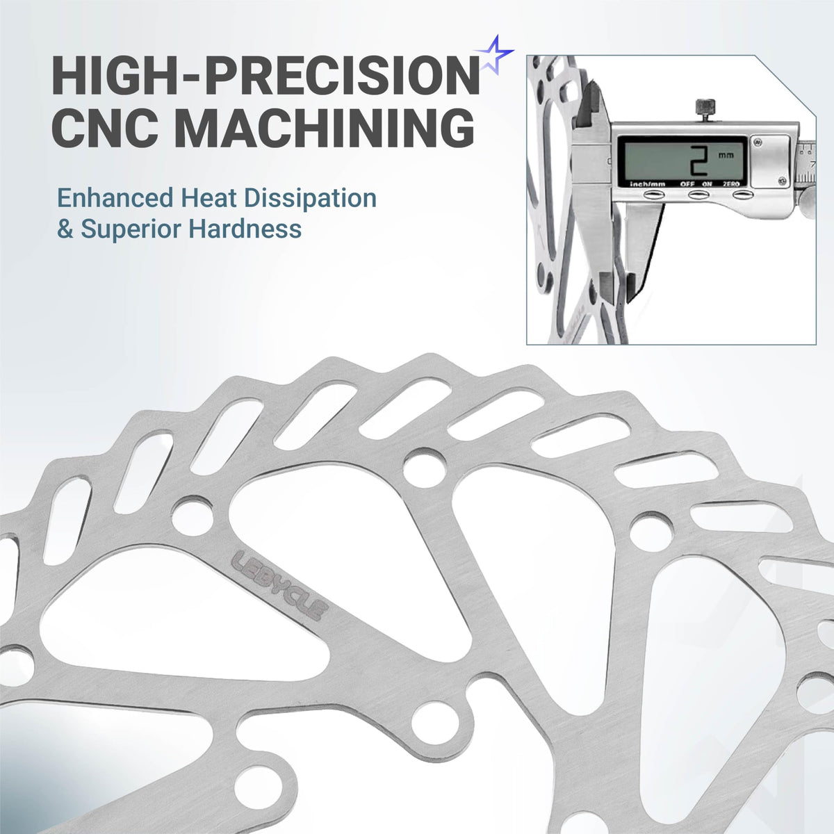 Close-up of stainless steel bike disc brake rotor showing 2mm thickness measurement with digital calipers.