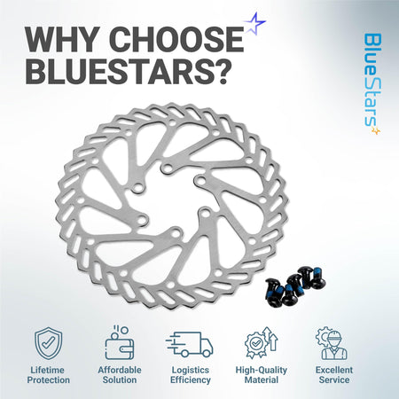 140mm stainless steel bike disc brake rotor with 6 mounting bolts on a promotional BlueStars brand graphic.