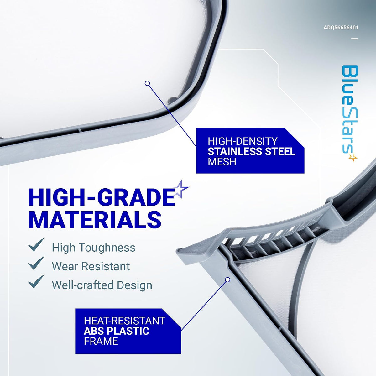 ADQ56656401 Dryer lint filter, close-up product graphic highlighting stainless steel mesh and ABS plastic frame