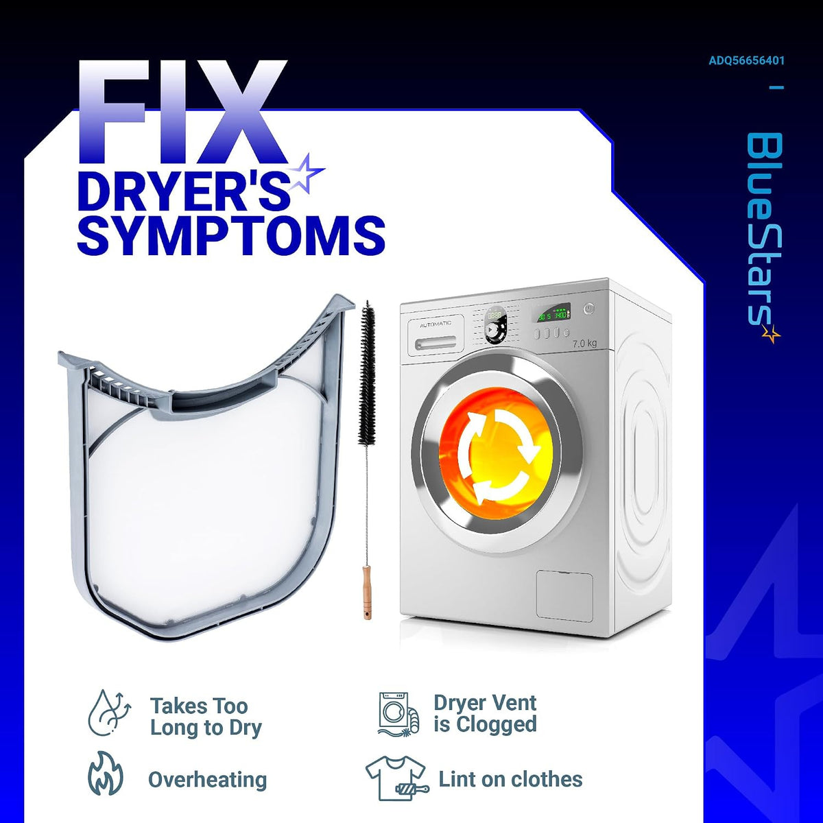 ADQ56656401 Dryer Lint Filter graphic showing the filter, cleaning brush, dryer, and lint-related symptoms