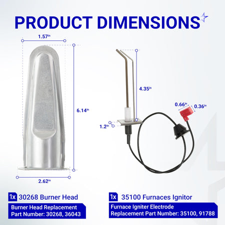 Dimensional diagram of RV burner head 30268 and furnace ignitor electrode 35100 with measurements for Atwood heaters.