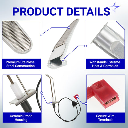Infographic showing RV furnace burner head and ignitor electrode kit features for Atwood Hydro Flame heaters.