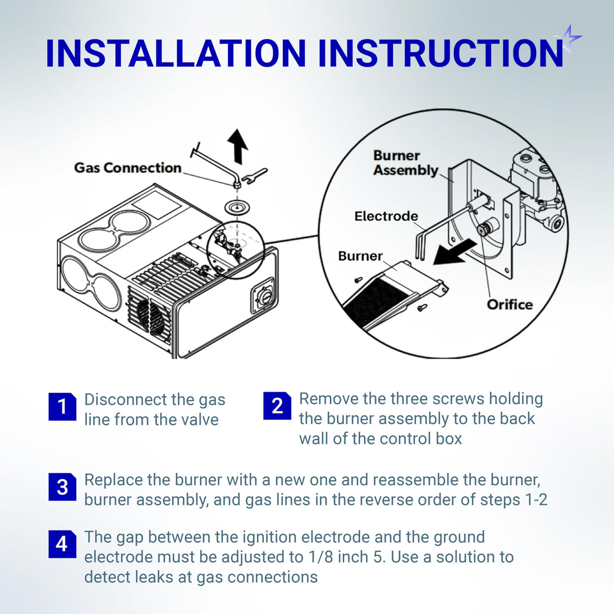 Installation instruction diagram for Atwood RV furnace burner head and ignitor electrode replacement.