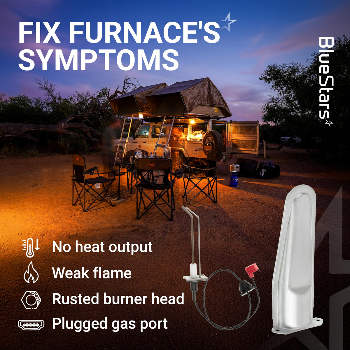 RV furnace burner head and ignitor electrode kit for Atwood Hydro Flame heaters with troubleshooting symptom list.