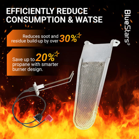 RV furnace burner head and ignitor electrode kit for Atwood Hydro Flame heaters with efficiency performance graphic.
