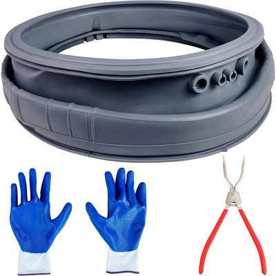 MDS47123619 Washer Door Seal with Extra Removal Tools, seal shown with two gloves and pliers