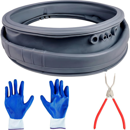 MDS47123619 Washer Door Seal with Extra Removal Tools, seal shown with two gloves and pliers