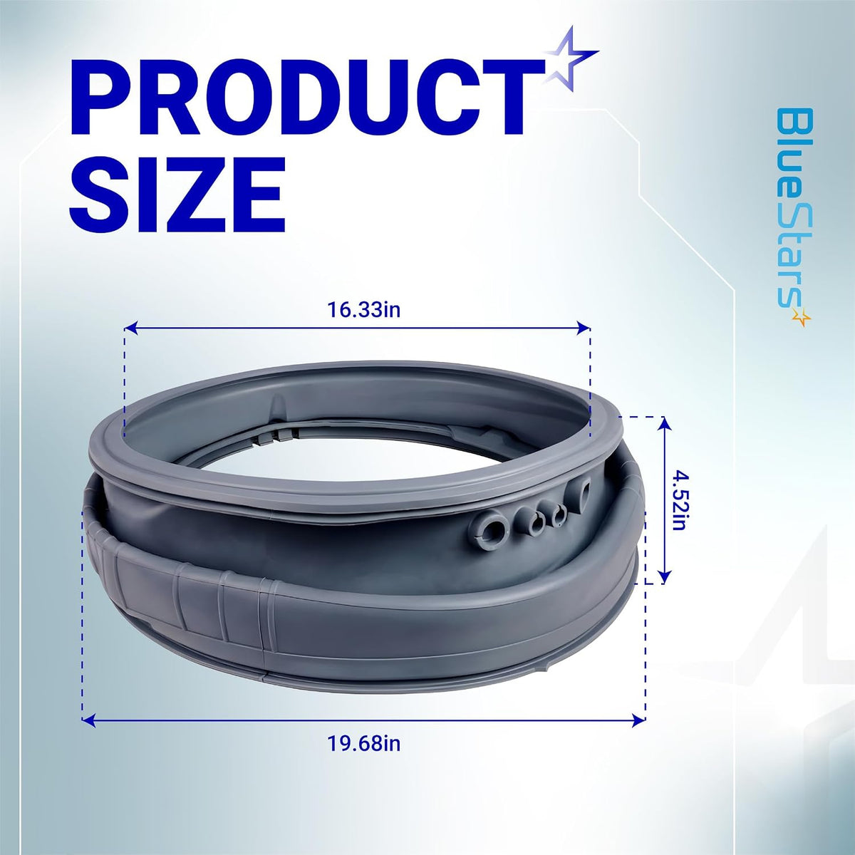 MDS47123619 Washer Door Seal with Extra Removal Tools, product size diagram showing 16.33, 19.68, and 4.52 inch dimensions