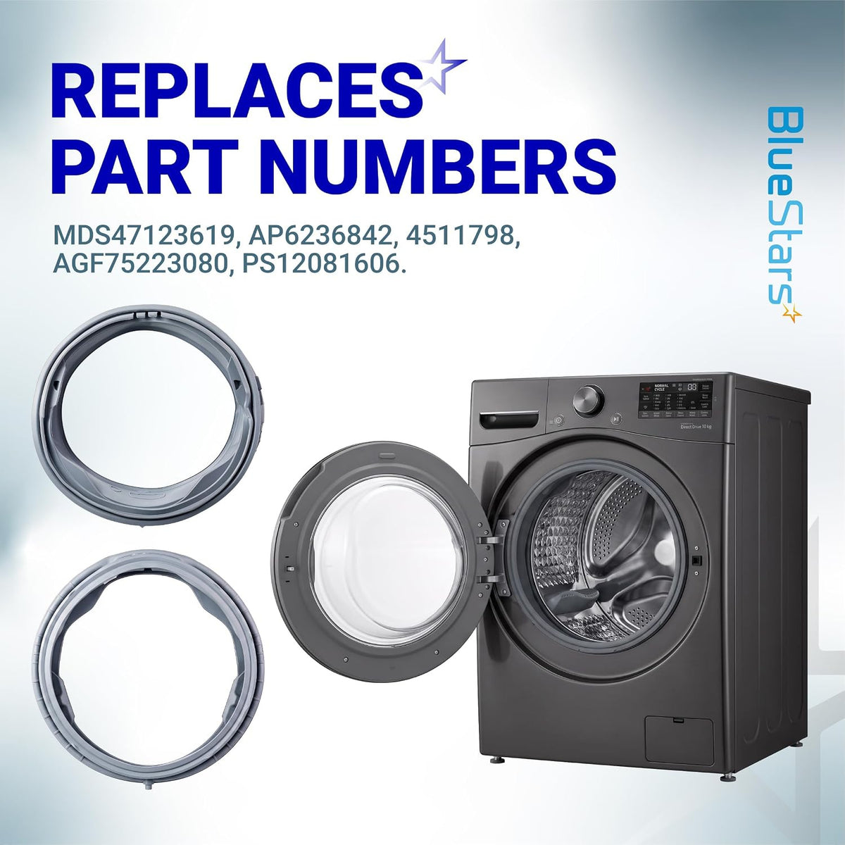 MDS47123619 washer door seal showing two seals and a front-load washer with replacement part numbers