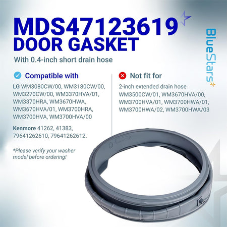 MDS47123619 washer door gasket graphic showing gasket and compatibility text with 0.4-inch short drain hose