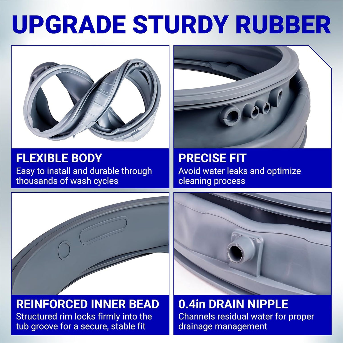 MDS47123619 Washer Door Seal, feature graphic showing flexible body, precise fit, reinforced inner bead and drain nipple